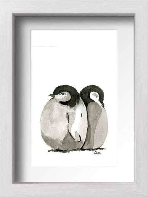 Acuarela pingüinos con marco