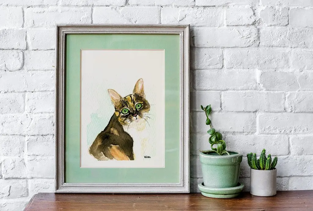 Acuarela gato enmarcada