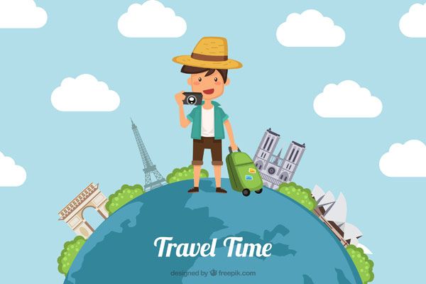Tiempo de viajar. Ilustración de un viajero recorriendo el mundo. 